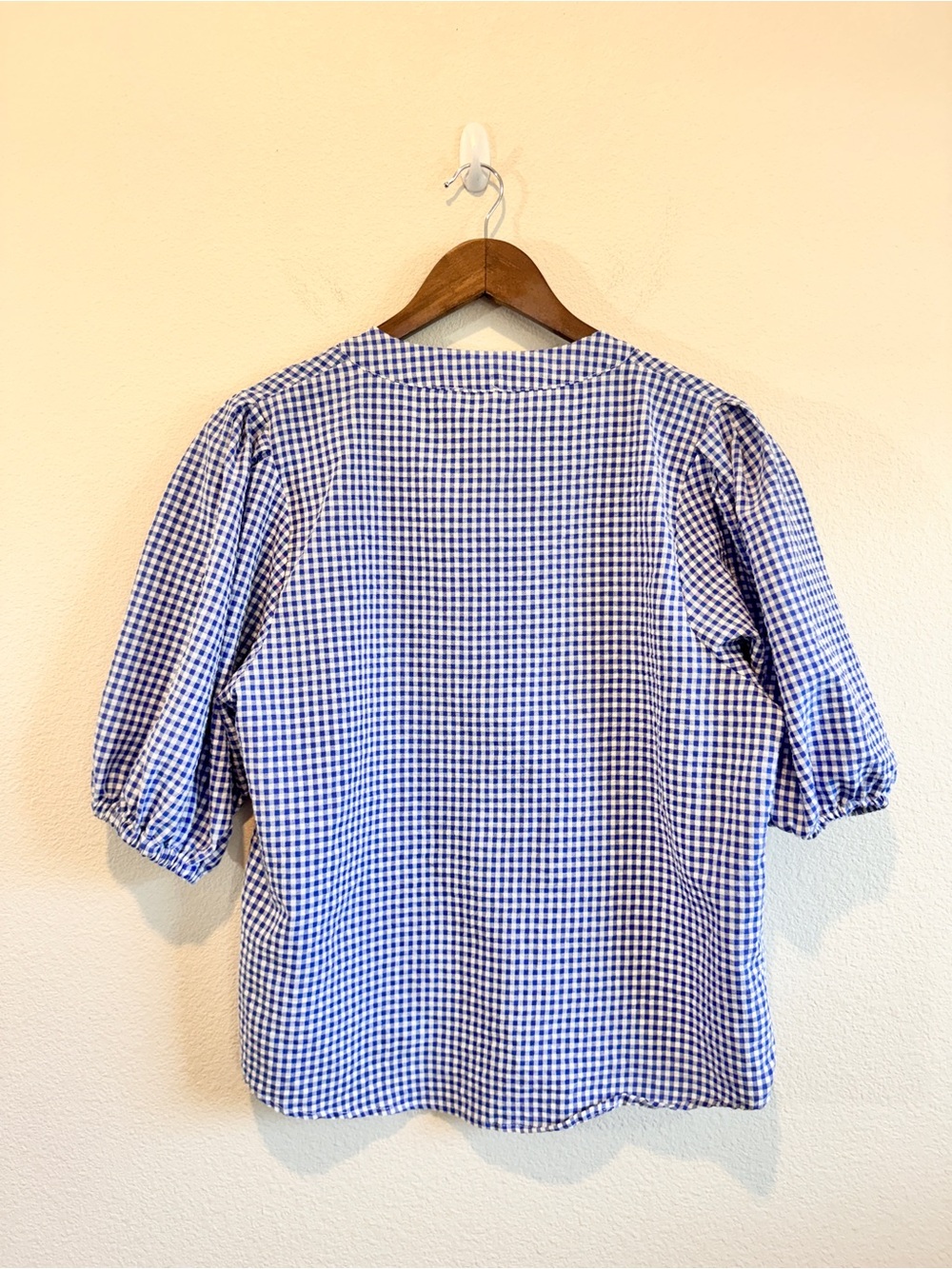 Joie Gingham Puff Sleeve Blouse M Blue White Preppy Coastal Grandmillennial K08 - Picture 7 of 8